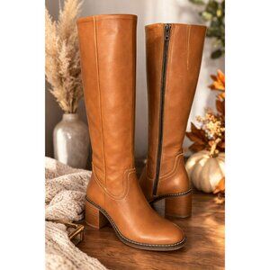 Patina Tall Leather Riding Boots Womens 8.5 EU 39 Cognac Brown Knee High Side Zi